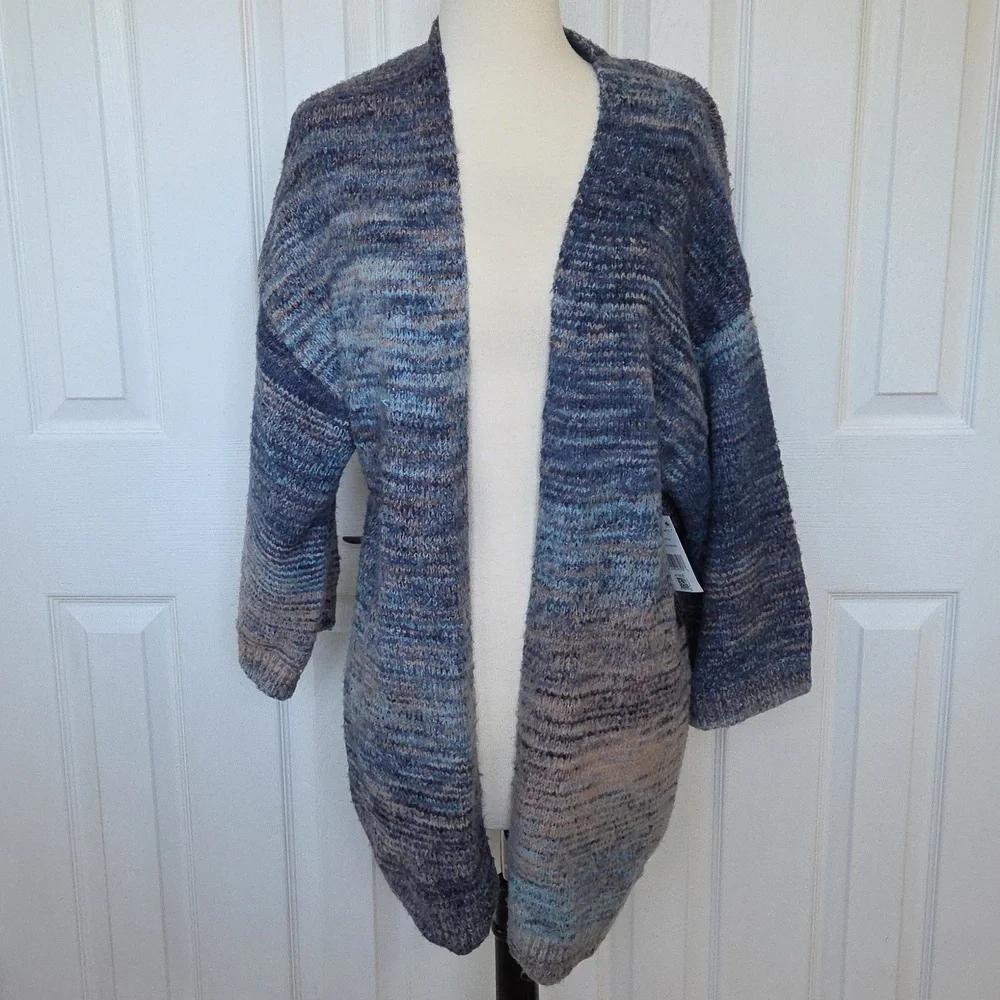 BLACK TAPE OPEN FRONT 3/4 SLEEVE SOFT CARDIGAN SWEATER BLUE GREEN CREAM NWT M